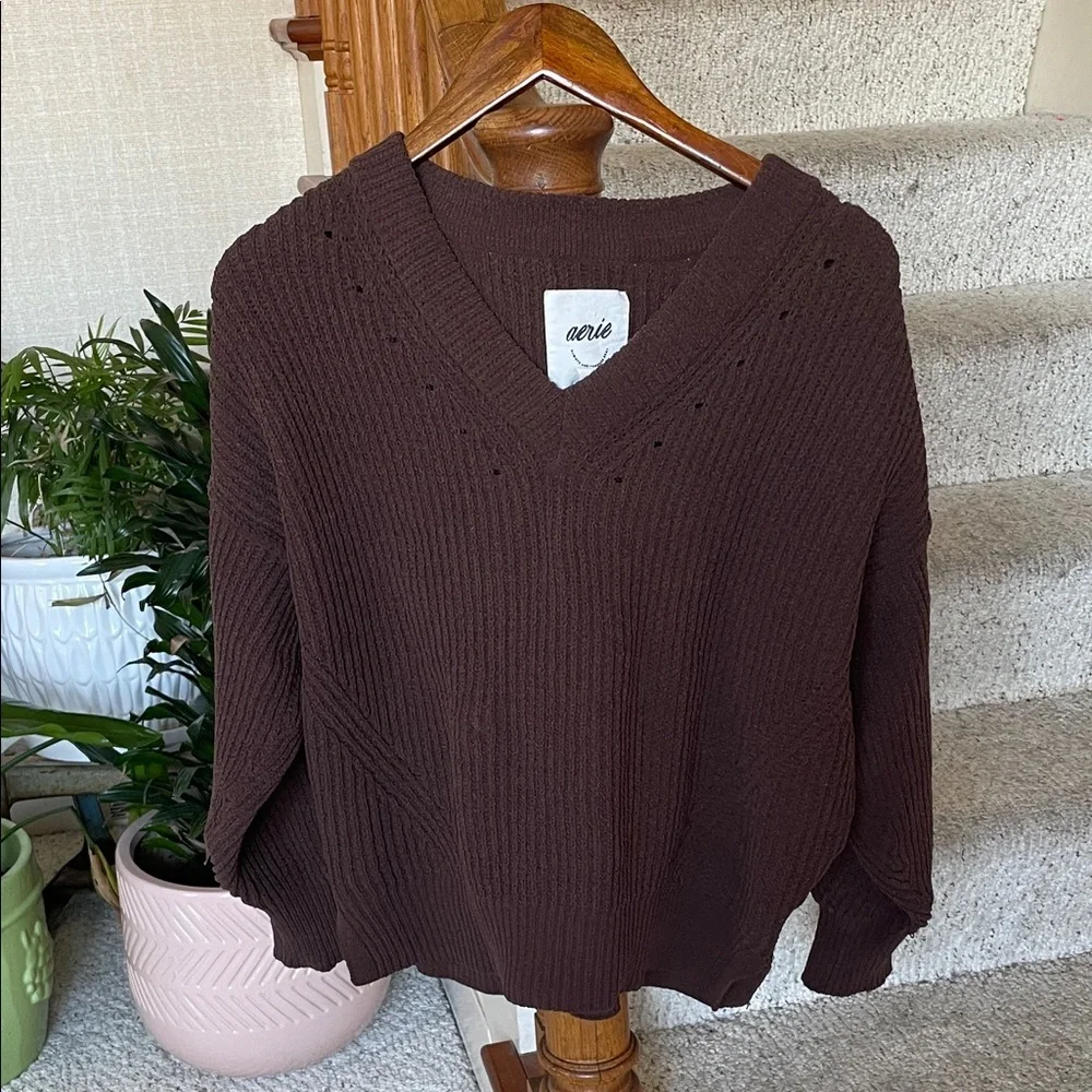 Aerie Beyond Chenille Rich Brown Slouchy Ribbed V-Neck Sweater